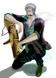  1boy ben_beckman formal grey_hair gun male male_focus one_piece one_piece:_strong_world smoking weapon 