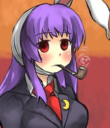  bandaged_head bandages blazer commentary_request crescent crescent_pin empty_eyes fine_art_parody gaoo_(frpjx283) highres jacket missing_ear necktie parody pipe_in_mouth purple_hair red_eyes reisen_udongein_inaba smoking smoking_pipe touhou upper_body vincent_van_gogh_(person) 