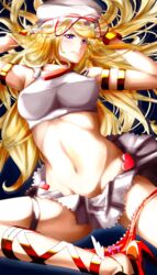  armlet bad_id bad_pixiv_id blonde_hair blue_eyes bracelet breasts cosplay cross-laced_footwear female halterneck hat jewelry large_breasts long_hair macross macross_frontier midriff navel panties panties_around_one_leg panty_&amp;_stocking_with_garterbelt panty_(psg) panty_(psg)_(cosplay) sheryl_nome skirt solo suriorosi_momizi touhou underwear white_skirt yakumo_yukari yakumo_yukari_(cosplay) 