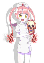  :d blood blood_on_face blood_on_hands blush buttons colored_skin commentary demon_wings ebola-chan female flower hair_flower hair_ornament hat highres holding lips long_hair looking_at_viewer nurse nurse_cap oerba_yun_fang open_mouth original pale_skin pantyhose personification photoshop_(medium) pink_hair shadow short_sleeves sidelocks simple_background skull sly_(slykick) smile solo twintails white_background white_skin wings yellow_eyes 