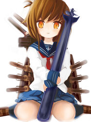  bad_id bad_pixiv_id brown_eyes brown_hair female folded_ponytail inazuma_(kancolle) kantai_collection looking_at_viewer machinery onasuba pleated_skirt school_uniform serafuku sitting skirt smile solo torpedo 