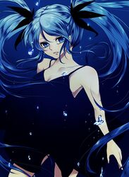  air_bubble amase_(siki696) bare_shoulders black_dress blue_eyes blue_theme bubble commentary_request dress female gif_artifacts hatsune_miku long_hair shinkai_shoujo_(vocaloid) solo twintails underwater vocaloid 