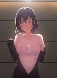  backlighting black_eyes black_hair bra_visible_through_clothes bralines closed_mouth collarbone commentary_request female glasses haikyuu!! hair_between_eyes lens_flare light_particles long_sleeves looking_at_viewer mole mole_under_mouth off_shoulder rimless_eyewear see-through shimizu_kiyoko shirt short_sleeves slowpit smile solo t-shirt upper_body wall wet wet_clothes white_shirt 