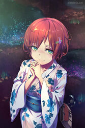  bad_id bad_pixiv_id brown_hair collarbone female green_eyes hair_ornament highres japanese_clothes kimono loup original outdoors own_hands_clasped own_hands_together sash short_hair smile solo yukata 