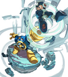  1boy ;o absurdres air_man air_man_ga_taosenai android arm_cannon battle blue_eyes commentary_request electric_fan fighting_stance floating from_above full_body hand_fan helmet highres koki_(ryoushikiha) mega_man_(character) mega_man_(classic) mega_man_(series) mega_man_2 one_eye_closed open_mouth outstretched_arms robot rock standing weapon white_background wince wind yellow_eyes 