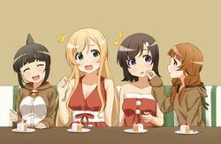  4girls :d ^^^ ^_^ animal_costume blonde_hair brown_hair cake christmas christmas_cake closed_eyes collarbone commentary_request costume food fork fruit futsuu_no_joshikousei_ga_locodol_yattemita green_eyes hair_ornament kohinata_yukari long_hair low_twintails mikoze_yui multiple_girls nazukari_mirai open_mouth parted_lips plate purple_eyes red_eyes reindeer_costume shikou_sakugo_(qqap9gt9k) shirt sleeveless sleeveless_shirt smile snowman_hair_ornament strawberry table teeth twintails usami_nanako 