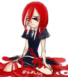  1other androgynous arm_support cinnabar_(houseki_no_kuni) closed_mouth commentary_request crying gem_uniform_(houseki_no_kuni) houseki_no_kuni ink inkling inkling_player_character other_focus puffy_short_sleeves puffy_sleeves red_eyes red_hair short_hair short_sleeves sitting solo splatoon_(series) tentacle_hair tofucakes twitter_username uniform wariza 