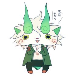  ayu_(mog) commentary_request cosplay danganronpa_(series) danganronpa_2:_goodbye_despair komaeda_nagito komaeda_nagito_(cosplay) komasan looking_at_viewer medium_hair name_connection no_humans simple_background solo standing tongue translated white_background youkai_(youkai_watch) youkai_watch 