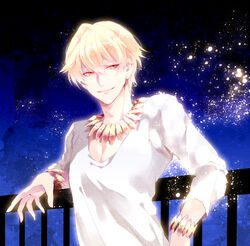  1boy bad_id bad_pixiv_id black_hair blonde_hair fate/zero fate_(series) gilgamesh_(fate) jewelry male_focus necklace official_alternate_costume photoshop_(medium) railing red_eyes short_hair solo wingtemple 