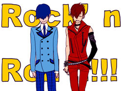  2boys bad_id bad_pixiv_id genderswap_(ftm) hair_over_one_eye jpeg_artifacts kaito_(vocaloid) male_focus meito multiple_boys nashi48 photoshop_(medium) punk red_theme rule_63 vocaloid 