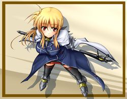  armor bardiche_(assault_form)_(nanoha) bardiche_(nanoha) blonde_hair blush cloak commentary_request fate_testarossa fate_testarossa_(impulse_form) female from_above full_body highres long_hair lyrical_nanoha mahou_shoujo_lyrical_nanoha mahou_shoujo_lyrical_nanoha_strikers moonlight_(base) smile solo sword thighhighs weapon 