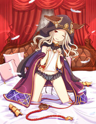  animal_ears armor bed_sheet cloak commentary_request ears_through_headwear feathers female granblue_fantasy hood hooded_cloak kneeling long_hair looking_at_viewer microskirt midorinocha on_bed one_eye_closed photoshop_(medium) pillow red_eyes scathacha_(granblue_fantasy) see-through skirt smile solo white_hair 