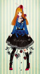  apple apple_on_head argyle_clothes argyle_legwear arrow_(projectile) arrow_through_apple asymmetrical_clothes asymmetrical_legwear bad_id bad_pixiv_id bandaid bandaid_on_knee bandaid_on_leg black_legwear black_skirt blood brown_eyes crescent female flower food fruit full_body high_heels jewelry kneehighs legs_apart long_hair long_sleeves necklace orange_hair original pocket_watch red_flower red_rose rose shikishima_(eiri) shoes single_kneehigh single_sock skirt skirt_hold socks solo standing striped striped_background teardrop uneven_legwear vertical_stripes watch 