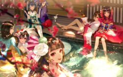  6+girls animal blurry chinese_commentary closed_eyes clothed_animal commentary_request depth_of_field ebisu_(onmyoji) feline flower hair_flower hair_ornament hotarugusa_(onmyoji) itsumade_(onmyoji) japanese_clothes kimono kochou_no_sei_(onmyoji) long_hair long_sleeves looking_at_viewer mask mask_on_head momo_no_sei_(onmyoji) multiple_girls onmyoji onmyouji partially_submerged pink_eyes red_eyes red_kimono sakura_no_sei_(onmyoji) say_hana short_hair shouzu_(onmyoji) sitting smile soaking_feet ubume_(onmyoji) water white_flower white_kimono wide_sleeves wooden_floor 