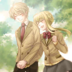  1boy aldnoah.zero asseylum_vers_allusia blazer blonde_hair bow bowtie cardigan closed_eyes commentary_request couple female grey_hair interlocked_fingers jacket leaf leaf_background long_hair miniskirt nana_(t-a-f) necktie photoshop_(medium) school_uniform short_hair skirt slaine_troyard smile straight sweater 