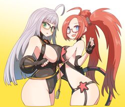  2girls ahoge asymmetrical_docking bare_shoulders black_gloves blue_eyes blunt_bangs blush breast_press breasts cable commentary_request cropped_legs fingerless_gloves from_side glasses gloves gradient_background green_eyes heart_ahoge_duo highres large_breasts leotard long_hair looking_at_viewer mary_lucy multiple_girls open_mouth red-framed_eyewear red_hair sarah_o&#039;connell semi-rimless_eyewear silver_hair simple_background smashing_the_battle smile standing sumiyao_(amam) teeth twintails under-rim_eyewear upper_teeth_only yellow_background 