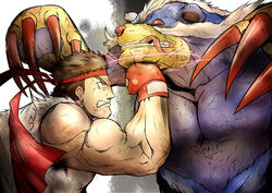  aoashira arzuros bandana bandana capcom claws dougi gi gloves male male_focus monster monster_hunter pelagus pwned ryu ryuu_(street_fighter) sagattoru shin_shoryuken street_fighter 