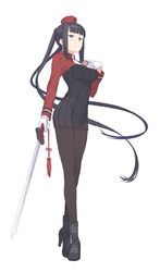  black_hair black_pantyhose female full_body gloves grey_eyes hat high_heels jpeg_artifacts kuroboshi_kouhaku long_hair necktie official_art pantyhose shoes simple_background solo standing summon_night summon_night_5 sword twintails very_long_hair weapon white_gloves yeng-hua 