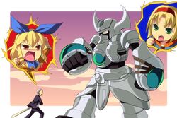  1boy 2girls angry ascot asgard_(wild_arms) blonde_hair blue_ascot brown_eyes butler cecilia_lynne_adelhyde cloud collar enoo fighting formal green_eyes hair_ribbon hairband horns jane_maxwell long_hair magdalen_harts mecha multiple_girls open_mouth pants red_hairband ribbon robot short_hair sidelocks size_difference sky suit sword weapon white_hair wild_arms wild_arms_1 