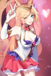  ahri animal_ears cleavage female fox_ears fox_girl gloves league_of_legends looking_at_viewer magical_girl peach_hair purple_eyes skirt smile solo star_guardian_ahri tiara wink 