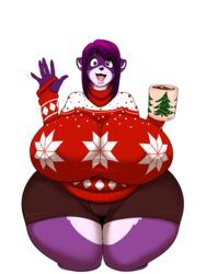  3:4 alpha_channel anthro beverage big_breasts bottomwear breasts candy chocolate clothing curvy_figure daigo dessert female food fur gesture hair hi_res hot_chocolate huge_breasts looking_at_viewer mammal procyonid purple_body purple_eyes purple_fur purple_hair raccoon shina_(daigo) shorts slightly_chubby smile solo sweater thick_thighs topwear voluptuous waving wide_hips 