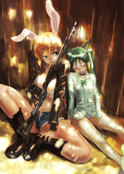  2girls animal_ears blue_eyes boots cat_ears cat_girl charlotte_e._yeager commentary_request francesca_lucchini hei_(heiyohei) highres long_hair multiple_girls orange_hair panties rabbit_ears rabbit_girl strike_witches striped_clothes striped_panties twintails underwear world_witches_series 