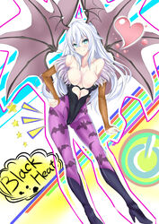  absurdres animal_print bad_id bad_pixiv_id bare_shoulders bat_print black_heart_(neptunia) blue_eyes boots breasts bridal_gauntlets cleavage clothing_cutout cosplay demon_girl demon_wings female head_wings heart heart_cutout high_heels highres ill_(0022) large_breasts long_hair looking_at_viewer morrigan_aensland morrigan_aensland_(cosplay) neptune_(series) pantyhose print_pantyhose smile solo vampire_(game) white_hair wings 