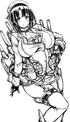  breasts commentary_request female greyscale highres kantai_collection large_breasts military military_uniform monochrome short_hair takao_(kancolle) thighhighs uniform wakame 