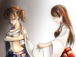  2girls akagi_(kancolle) bandages brown_hair commentary_request highres injury japanese_clothes kaga_(kancolle) kantai_collection long_hair mashitono_desu multiple_girls muneate severed_arm severed_limb short_hair side_ponytail 