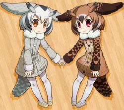  2girls bad_id bad_twitter_id bird_tail blush brown_eyes brown_hair closed_mouth dot_nose eurasian_eagle_owl_(kemono_friends) fur_trim grey_footwear grey_hair grey_legwear head_wings highres holding_hands inactive_account interlocked_fingers kemono_friends long_sleeves looking_at_viewer mary_janes multiple_girls northern_white-faced_owl_(kemono_friends) pantyhose pigeon-toed red_eyes sakurabe_notos shoes short_hair smile symmetry tail wings winter_clothes yellow_footwear 