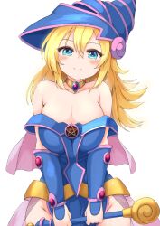  blonde_hair blue_dress blue_eyes bluekalmia blush breasts cleavage closed_mouth dark_magician_girl detached_sleeves dress female groin hair_between_eyes hat highres hip_focus holding holding_staff large_breasts long_hair looking_at_viewer off-shoulder_dress off_shoulder pentagram smile solo staff v_arms wand witch_hat yu-gi-oh! 