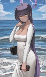  absurdres ahoge black_bag blue_archive blue_sky breasts cleavage closed_mouth cloud collarbone commentary_request covered_navel dark-skinned_female dark_skin day dolri dress female halo highres holding holding_wallet karin_(blue_archive) long_hair long_sleeves looking_at_viewer ocean outdoors purple_hair purple_halo sky solo very_long_hair wallet white_dress yellow_eyes 