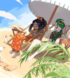  2girls alternate_costume barefoot beach_umbrella chair closed_eyes closed_mouth commentary_request cup dark-skinned_female dark_skin day drinking drinking_straw geeta_(pokemon) glasses green_hair hand_up hat highres holding holding_cup long_hair multiple_girls open_mouth orange_pants outdoors pants pokemon pokemon_(creature) pokemon_sv ponytail rika_(pokemon) sand sandals sitting sweat tanpopo_(ilovetampopo) teeth toes umbrella unworn_hat unworn_headwear unworn_sandals wiglett yellow-framed_eyewear 