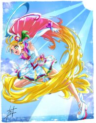  absurdly_long_hair absurdres birthday blonde_hair blue_hair blurry blurry_background border cloud commentary_request cure_summer day earrings female fingerless_gloves gloves green_eyes green_hair highres jewelry long_hair looking_ahead magical_girl multicolored_eyes multicolored_hair natsuumi_manatsu ocean open_mouth orange_hair pink_eyes pink_hair precure signature sind_ngmhn28 sleeveless solo sparkle teeth tropical-rouge!_precure upper_teeth_only very_long_hair water white_border white_footwear white_gloves 