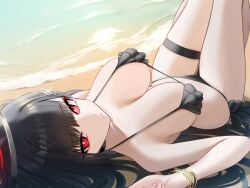  absurdres beach bikini black_bikini black_hair blue_archive breasts commentary_request female halo highres knees_up large_breasts looking_at_viewer lying mijikayo on_back outdoors red_eyes rio_(blue_archive) solo string_bikini swimsuit thigh_strap 