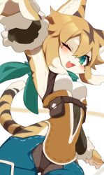  4rnoux :d animal_ears arm_up arm_warmers black_hair blonde_hair body_fur breasts chaps colored_tips female furry furry_female green_eyes green_scarf highres hip_vent mia_(world_flipper) multicolored_hair oerba_yun_fang one_eye_closed scarf smile solo striped_fur tail tiger_ears tiger_girl tiger_tail white_hair world_flipper 