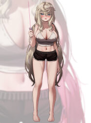  blonde_hair blue_eyes blush breasts collarbone commentary_request covered_nipples crop_top dolphin_shorts female full_body highres large_breasts long_hair looking_at_viewer marchen_(torriet) midriff mole mole_on_stomach navel open_mouth original pink_nails shirt short_shorts shorts sleeveless sleeveless_shirt solo spaghetti_strap thighs torriet very_long_hair 