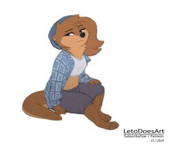  anthro barefoot biped black_nose blue_eyes bottomwear brown_body brown_fur brown_hair brown_tail clothed clothing eyelashes feet female fur hair hat headgear headwear letodoesart looking_aside mammal mouth_closed mustelid nira_(letodoesart) otter shorts sitting sitting_on_ground solo tail 