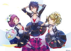  3girls akaba_yukino arched_bangs arms_behind_head arms_up asymmetrical_hair belt belt_collar black_belt black_footwear black_gloves black_hair black_jacket black_skirt blonde_hair blush bob_cut boots breasts butterfly_hair_ornament checkered_floor circle_skirt cleavage closed_mouth collar collarbone commentary_request cup curtained_hair dangle_earrings drinking_glass earrings facial_mark falling_leaves fingerless_gloves flower flower_hairband flower_request food from_above fruit full_body gems_company gloves hair_between_eyes hair_ornament hairband hanabishi_nadeshiko hand_to_head hand_up high_ponytail high_side_ponytail highres holding holding_tray ice ice_cube ichimonji_maya idol_clothes jacket jewelry kazuhi large_breasts leaf leaning long_hair looking_at_viewer looking_up marking_on_cheek mole mole_under_mouth multicolored_clothes multicolored_jacket multiple_belts multiple_girls one_eye_closed open_mouth orange_(fruit) orange_slice pantyhose parted_bangs parted_lips partially_open_jacket purple_eyes purple_hair red_eyes red_shirt ringlets sequins shadow shirt short_hair side_ponytail skirt sleeves_past_elbows smile standing star_(symbol) star_facial_mark star_ornament strawberry studs teeth tray twitter_username two-tone_jacket uniform virtual_youtuber white_background white_flower white_hairband white_jacket white_pantyhose yellow_eyes 