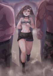  absurdres blush boots breasts brown_hair camouflage camouflage_pants christina_brecht collarbone counter:side dog_tags female floating_hair hair_between_eyes hair_ornament hairclip highres jogging long_hair multiple_boys muscular navel one_eye_closed open_mouth pants running shorts singwee small_breasts sports_bra steam steaming_body stomach sweat sweat_stain thighs x_hair_ornament yellow_eyes 