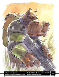  2024 4_fingers anthro axelmedellin backpack brown_backpack brown_body brown_eyes brown_fingernails brown_nails brown_skin clothing colored colored_nails common_hippopotamus dated day elbow_pads elephantmen fingernails fingers grass green_clothing green_shirt green_topwear gun hip_flask_(character) hippopotamid holding_gun holding_object holding_ranged_weapon holding_weapon looking_at_viewer male mammal mouth_closed nails number outside painting_(artwork) plant ranged_weapon shaded shirt shoulder_pads signature sky solo standing text text_box topwear traditional_media_(artwork) url weapon 