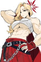  abs absurdres akemi_(blue_archive) blue_archive breasts chest_sarashi delinquent female fluffy_hair gloves halo highres kim_nyangpeon mole mole_under_eye muscular muscular_female navel red_gloves red_halo sarashi simple_background solo sukeban white_background 