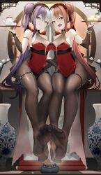  2girls absurdres azur_lane black_pantyhose bracelet breasts chao_ho_(azur_lane) chao_ho_(frolicking_flowers_verse_ii)_(azur_lane) chinese_clothes commentary_request covered_navel crossed_bangs feet frilled_hairband frills full_body groin hair_bun hair_intakes hairband hand_up highres holding holding_tray jewelry long_hair looking_at_viewer medium_breasts multicolored_hair multiple_girls official_alternate_costume open_mouth pantyhose purple_eyes purple_hair red_eyes red_hair sitting smile split-color_hair teapot thigh_strap toes tray very_long_hair white_hair xinggong_shili ying_swei_(azur_lane) ying_swei_(frolicking_flowers_verse_i)_(azur_lane) 