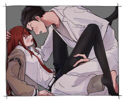  1boy black_hair black_pantyhose black_shorts blush border brown_jacket coat commentary_request female from_side grey_shirt hand_on_another&#039;s_head highres jacket lab_coat leg_grab long_hair long_sleeves looking_at_another makise_kurisu necktie off_shoulder okabe_rintarou open_clothes open_coat open_jacket open_mouth pantyhose pink_eyes red_hair red_necktie shirt short_hair shorts steins;gate stuck suehiroch0 white_border white_coat white_shirt yellow_eyes 