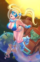  2boys 2others absurdres ball beachball bikini blue_bikini breasts bx-02_blodia capcom company_connection crossover cyberbots earth_(planet) female floating frilled_bikini frills fundoshi headband helmet highres japanese_clothes knees_apart_feet_together large_breasts mask mecha mega_man_(series) mega_man_legends_(series) multiple_boys multiple_others planet quasimodox rainbow_mika robot saotome_jin servbot_(mega_man) smile space space_helmet street_fighter sun swim_ring swimsuit twintails zangief 