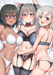  3girls ass bare_back bare_shoulders black_bra black_hair black_panties black_thighhighs blue_eyes blush bra braid breasts choker cleavage collarbone dark-skinned_female dark_skin drill_hair earrings garter_belt garter_straps grey_bra grey_hair grey_panties groin hair_ribbon highres hisakawa_hayate idolmaster idolmaster_cinderella_girls jewelry kanzaki_ranko lace-trimmed_choker lace_trim large_breasts lingerie long_hair looking_at_viewer lying mabanna multiple_girls natalia_(idolmaster) navel necklace open_mouth panties purple_eyes red_eyes ribbon short_hair smile thighhighs thighs twin_drills twintails underwear white_bra white_panties 