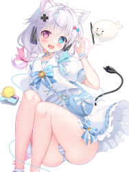  :d ahoge animal_ear_fluff animal_ears aqua_hair arm_at_side bell blue_bow blue_eyes blue_nails blush blush_stickers bow braid button_hair_ornament cable cameltoe cat_ears cat_girl colored_eyelashes commentary computer_mouse electric_plug eyelashes feet_out_of_frame female frilled_shirt_collar frilled_skirt frilled_wrist_cuffs frills gradient_hair hair_between_eyes hand_up happy headphones heart heart_ahoge heart_of_string heart_pouch heterochromia high-waist_skirt highres jingle_bell knees_up legs_together long_hair looking_at_viewer mikeou multicolored_hair nail_polish oerba_yun_fang open_mouth original panties pen pink_eyes pink_hair plaid_bow puffy_short_sleeves puffy_sleeves shirt short_eyebrows short_sleeves simple_background sitting skirt smile solo striped_clothes striped_panties thighs tinted_eyewear twin_braids twitter_username underwear white_background white_bow white_shirt wrist_cuffs 