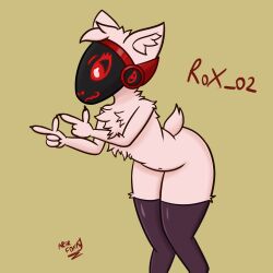  4_fingers anthro arturfox canid canine female fingers fox fur hi_res machine mammal navel pink_body pink_fur protogen protogen_visor red_eyes rox_02 solo tail 