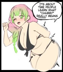  alternate_body_size bikini black_bikini black_border border braid breasts cleavage english_text female gradient_hair green_eyes green_hair highres hinahaii huge_breasts kanroji_mitsuri kimetsu_no_yaiba mole mole_under_each_eye mole_under_eye multicolored_hair multiple_moles one_eye_closed pink_hair plump solo speech_bubble swimsuit white_background 