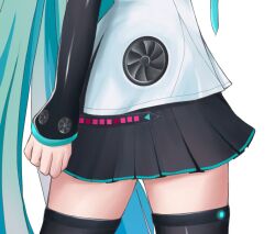  aqua_hair aqua_necktie black_skirt black_sleeves black_thighhighs close-up commentary computer_fan female hatsune_miku hatsune_miku_(vocaloid4) hip_focus long_hair miniskirt necktie nekoinu_bamboo pleated_skirt shirt skirt sleeves_past_wrists solo thighhighs tight_clothes twintails v4x very_long_hair vocaloid white_shirt zettai_ryouiki 